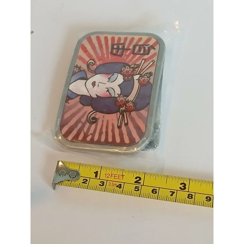 Geisha silver tone belt buckle retro Japanese graphic Kanji text red sunburst